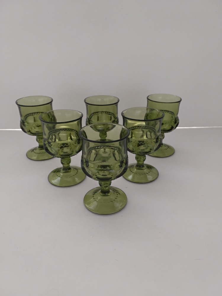 6 Vintage Indiana Glass Kings Crown Thumbprint Juice Glasses Avocado Green 1970s
