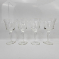 Unmarked Clear Etched Floral Wine Glasses Set 4 Decorative Stemware Barware