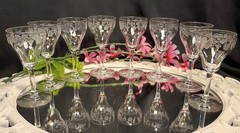 8 Vintage c.1918 Grapevine Etch Optic Sherry/Cordial/Cognac Glasses Set