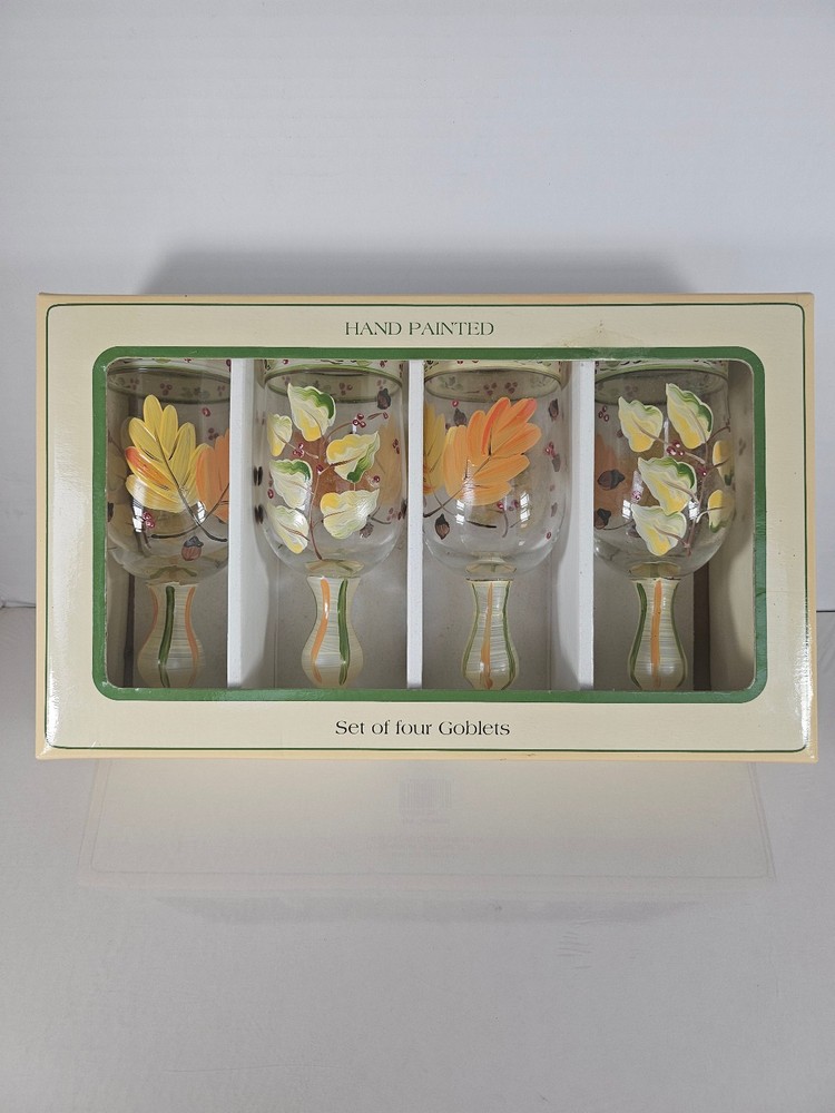 4 Cambridge Potteries LTD Hand Painted Fall Leaves & Berries Water/Wine Goblets