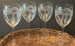 4 Rolf Etched Palm Tree Wine Glasses Goblets Clear Footed Excellent 8″ MSRP 79.
