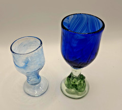 Hand Blown Studio Art Glass Goblets Set of 2 Blue Green Swirl Signed