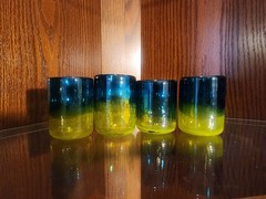Beautiful Set of 4 Hand Blown Recycled Glass Tumblers Blue & Green Ombré Mexico