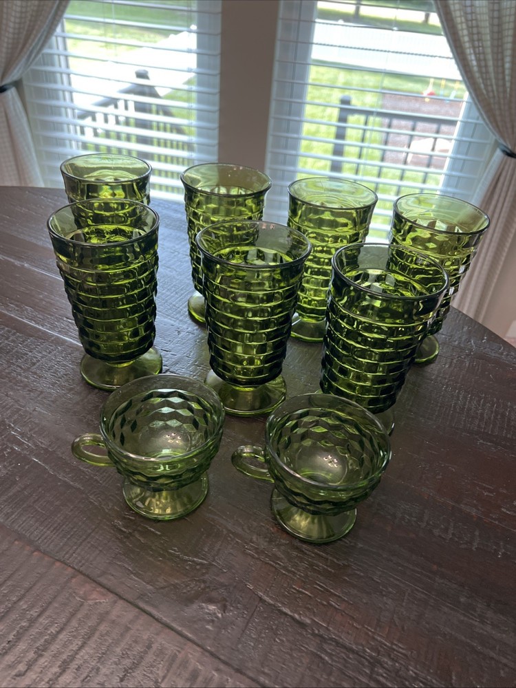 LOT of Indiana Glass Whitehall Avocado Green Cubist Footed