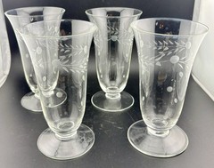 Vintage Dots/Leaves Etched Glass Footed Iced Tea Glasses Set of 4