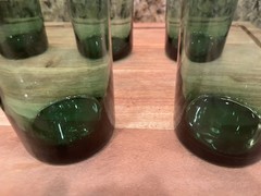 6 Avocado Green Glasses Mid Century MCM Tiki Cocktail Wicker Art Glass Barware