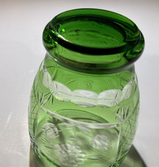 RARE!! Bohemian Green Cut to Clear Glass Low Ball Rocks Whiskey Tumbler Set of 6