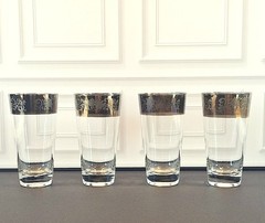 Vintage Set of 6 Highball Glasses Bronze Etched Floral Band Dorothy Thorpe Style