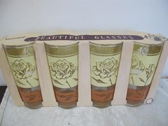 VINTAGE ANCHOR HOCKING NOS 4 Tumblers FLORAL ROSES BEAUTIFUL