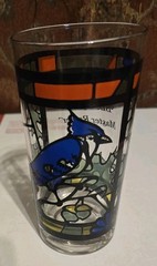 Vtg Glass Tumbler Stained Glass Bird Motif Blue Jay