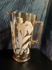 VTG Jeannette Marigold Carnival Glass With White Feathers & Leaves W/ice Lip