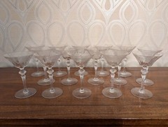Set Of 15 Vintage Clear Etched Glass Stemmed Sherbet / Dessert Glasses