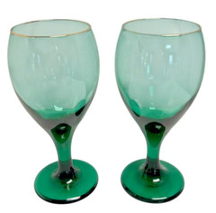 Set Of 4 Vintage Libbey Teardrop Juniper Green Gold Rim Water/Wine Glasses