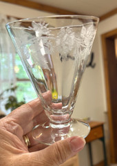 Vintage 3 Crystal Etched Flower Cocktail Glasses, has a Green Manganese Glow