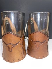 Vtg Libbey Bamco Western Longhorn Hand-Tooled Leather Beer Glasses Set 2