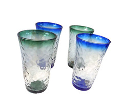 Lot of 6 Libbey ice crackle tumblers 3 green 3 blue rim glasses ice tea