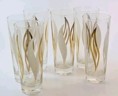 VTG MCM 6 PC 7” BARWARE HIGH BALL GLASSES WHITE GOLD ATOMIC SWIRL FLAME 22KT