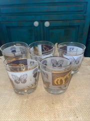 Vintage MCM Gold-Etched Cocktail Glasses Set of Five Butterfly & Thistle