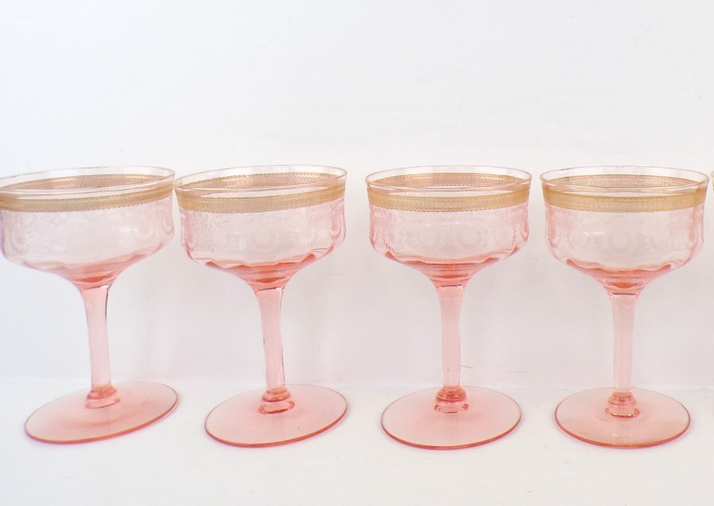 4 Rare Morgantown CHAMPAGNE 329 PINK, Tall Sherbet 5 1/4″ Needle Etched Gold Dec