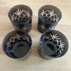 Smoke Black Cut to Clear Glass Whisky Tumblers Bamboo Pattern x4
