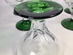 Six MCM Clear Tulip Etched Crystal Bowls W/Green Base Champagne Martini Glasses