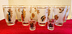 Vintage set of 8 MCM Libbey «Golden Foliage» 10 oz. Glasses/ 2 Shot Glasses