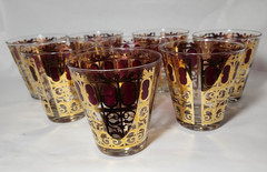 Set of 8 Vintage Culver Cranberry Scroll Rocks Glasses 22K Gold MCM Barware