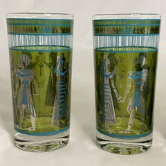 Cera Highball Egyptian Revival Tumbler Glasses Green Teal Gold Vintage Set of 8