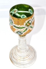 Antique Moser Green Glass Bowl White Lace Gild Roemer/Wine 1850-90 Rare Pattern