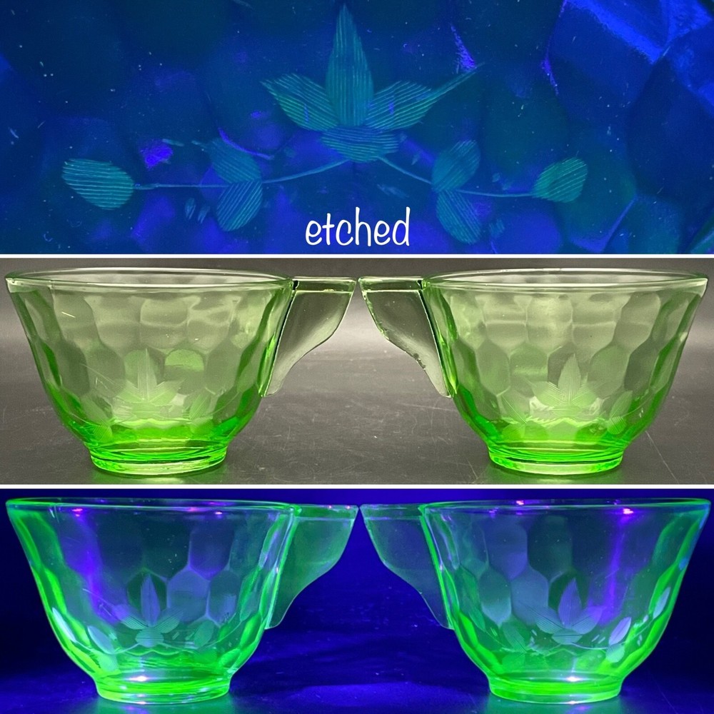 Jeannette Uranium Glass Art Deco Hex Optic Solid Handle Cups 2pc Set Made in USA