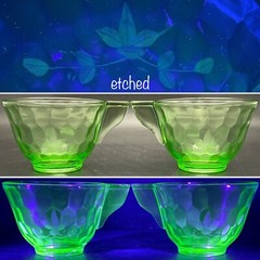 Jeannette Uranium Glass Art Deco Hex Optic Solid Handle Cups 2pc Set Made in USA