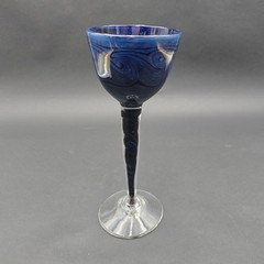 Hand Blown Glass Goblet Blue Swirl Signed Art Glass 9″