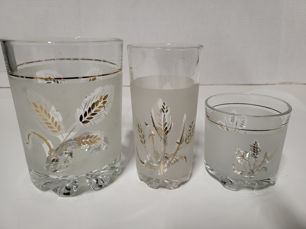 Vtg Devalbor Italy Gold Wheat Handblown Frosted Ice Bucket Highball & Rock Glass