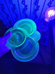 “By Cracky” Set Of 3 Crackle Uranium Glass Snack plates LE Smith 1930s