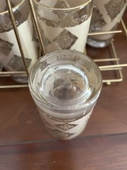 Vintage MCM Gold and Frosted Hazelware 8 Glasses + Caddy