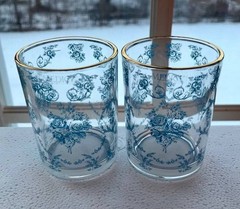 (2) MEDICI BLUE TOILE~DOUBLE OLD FASHIONED~COCKTAIL GLASSES~11 OZ~SHABBY CHIC~NE