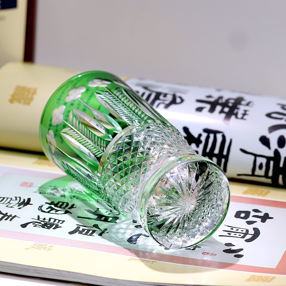 280ml Vintage Hand Cut Green Crystal Highball Glass Tumbler Edo Kiriko Drinkware