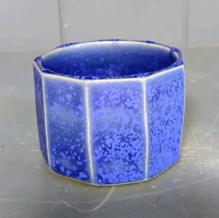 Handcrafted Pottery Tea Cup Blue Faceted Whiskey Sipper Small Planter Signed