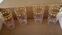 VTG 4 Anchor Hocking Glasses Atomic Starburst Pink Blue Yellow Juice Glasses