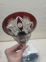 1 Wine goblet Glass, Dark Ruby Red Cut to clear Crystal brilliant HobStar foot