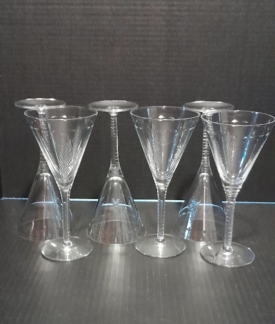 Set of 6 Vintage Etched Crystal Wine Water Cocktail 6 oz Glasses