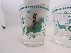 MCM Set of 2 SHOT GLASSES Persian Polo Players, Turquoise & Gold