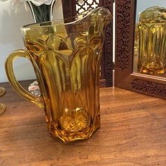 Vintage Anchor Hocking Fairfield Amber Pitcher+ Stem Goblets set of 10 EUC