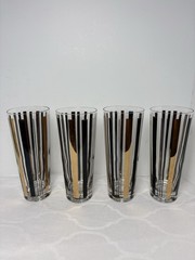 4 Lot Vintage MCM Black Gold Stripe Highball Glasses Mid Century Modern Set