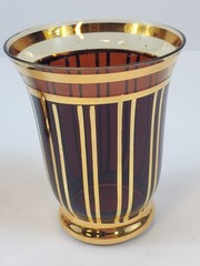 VTG MCM Art Deco Czech 3 Cocktail Glasses Gold Stripes Modernist Dark Amber Red