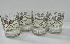 Vintage MCM 1970s Set Of 4 Tennis-Themed Printed Bar Rock Glasses