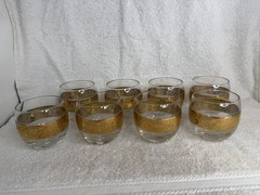 Culver Tyrol Style Roly Poly Glasses 3 1/4″ Gold Band Etched Barware Set Of 8