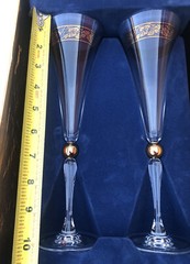 PAIR Godiva France 10″ Crystal Champagne Flute Glasses 24K Gold Trim Gilt 2000