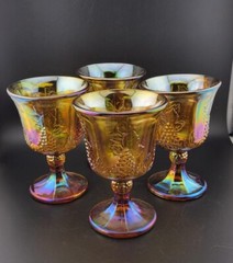 VTG Indiana Carnival Glass Goblets Harvest Grape Iridescent Marigold Set Of 4