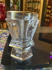 Antique Pair 4” Bohemian Czech Hexagonal Glass Goblets w/Gilded Grape & Vine
